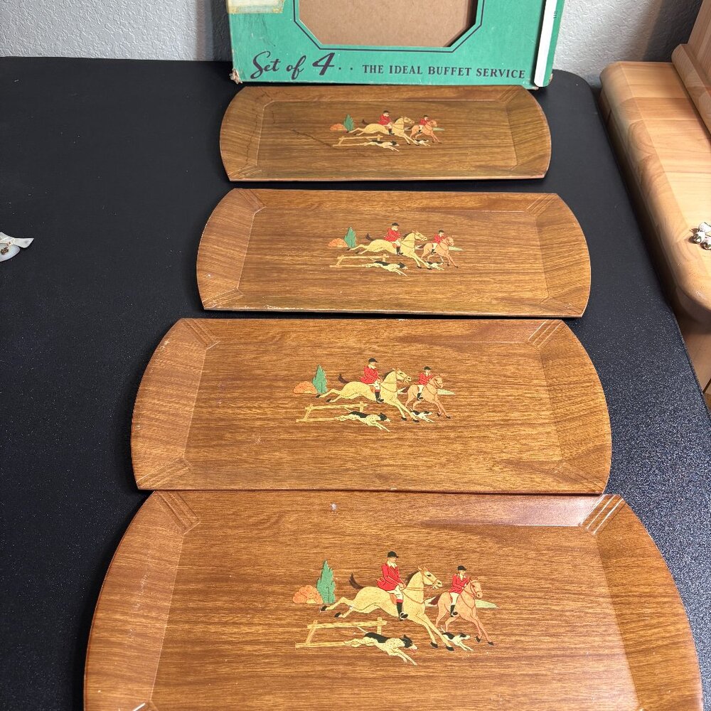 Vintage Set of 4 Buffet Trays Polo Fox Hunt Style Hasko de Lux Lap Trays w Box